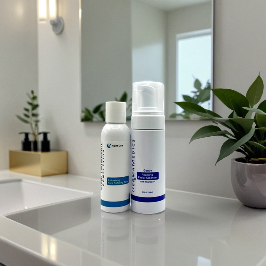 Foaming facial cleanser and skincare bottles displayed on a bathroom counter without people